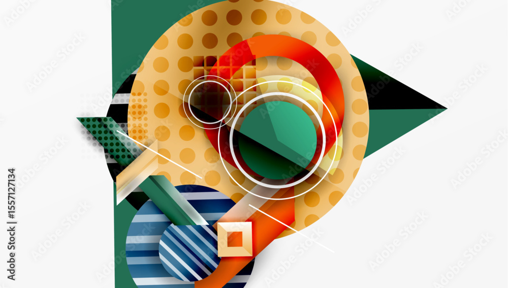 Poster abstract geometric composition. circles, squares, triangles overlap. warm, cool colors blend. modern