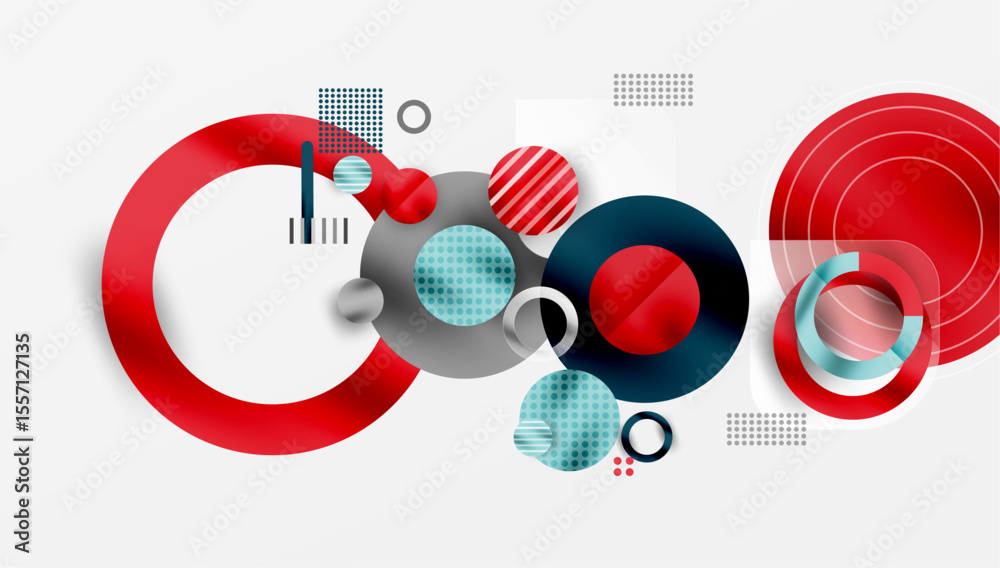Aufkleber Abstract geometric shapes overlap. Red, blue, gray tones dominate composition. Modern design elements create dynamic visual effect.