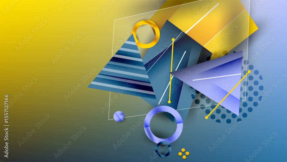 Aufkleber Abstract geometric composition. Shapes overlap, creating dynamic visual interest. Yellow, blue gradients dominate design.