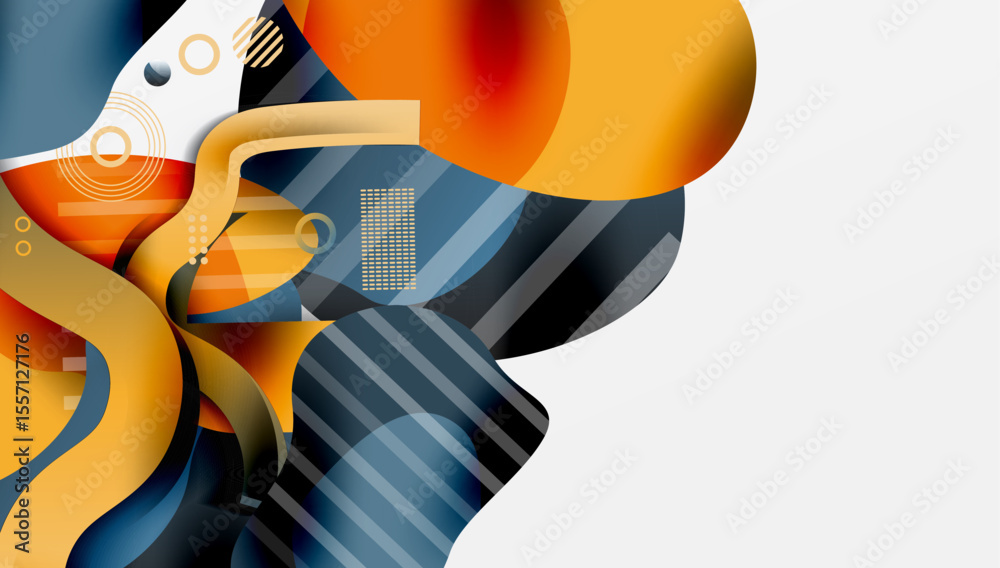 Poster abstract design features flowing shapes, vibrant colors, geometric patterns. modern aesthetic, dynam