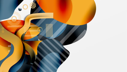 Abstract design features flowing shapes, vibrant colors, geometric patterns. Modern aesthetic, dynamic composition, clean lines present.