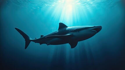 Fototapeta premium A silhouette of a diver swimming with a whale shark, luxurious and vibrant, a strong light source behind the subjects