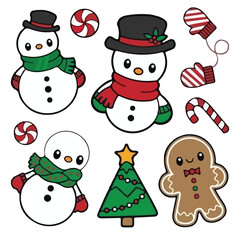 Festive Christmas Characters and Decorations in a Cute, Hand-Drawn Style