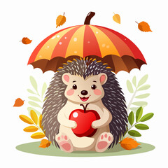 A cute hedgehog holding a red apple under a colorful umbrella with falling autumn leaves makes a delightful graphic.