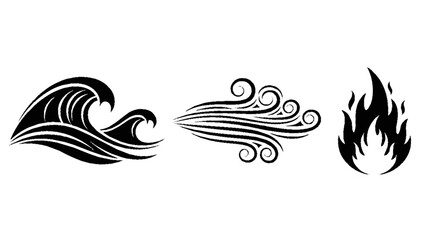 Stylized black and white illustrations of water, wind, and fire elements.