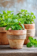 Naklejka premium Fresh green mint plants in rustic terracotta pots with twine accents, arranged on a wooden surface, creating a natural and inviting atmosphere for home gardening enthusiasts