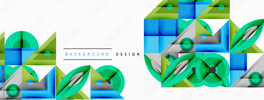Poster Abstract geometric shapes, blue, green, silver tones. Modern design elements create dynamic visual pattern. Minimalist style.