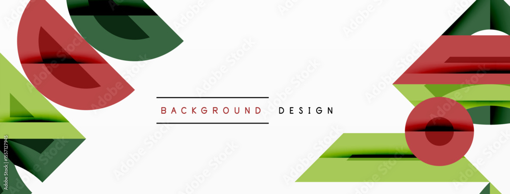 Poster Abstract geometric shapes overlap, creating dynamic composition. Red, green hues dominate white background. Modern design element.