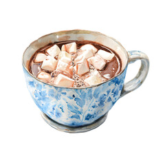 Cozy watercolor illustration of a blue floral mug filled with hot chocolate and marshmallows isolated on transparent background