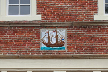 Oude Doelenkade Historic Gable Stone Depicting a Sailing Ship in Hoorn, Netherlands