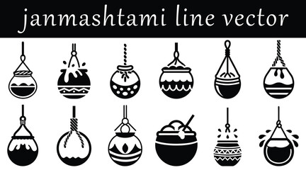 line vector illustration of Janmashtami matka handi overflowing collection