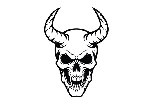 Demon skull drawing. It is a black and white outline image of a horned cranium with sharp fangs and sinister eyes, exuding an evil aura. Vector sketch line art draw.