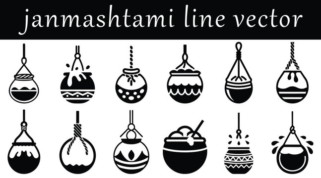 line vector illustration of Janmashtami matka handi overflowing collection