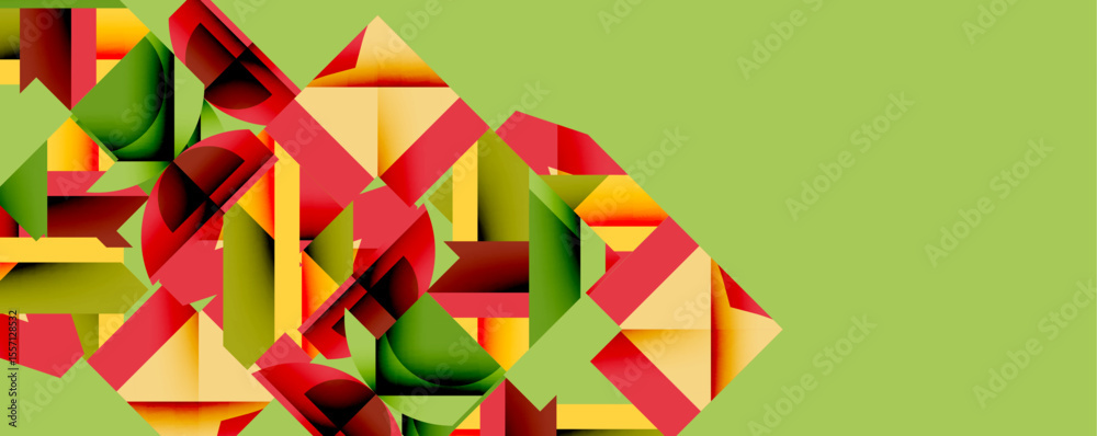 Poster Abstract geometric shapes overlap, creating dynamic composition. Colors include red, green, yellow against pale background.