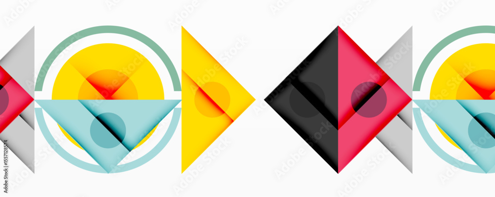 Aufkleber Geometric shapes overlap, creating colorful abstract composition. Circles, triangles, arrows dominate design. Minimalist style, modern aesthetic.