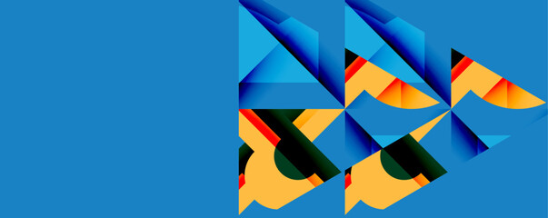Abstract geometric shapes dominate image. Blue background contrasts with orange, black, layered triangles. Modern design, vibrant colors present.