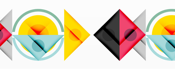 Geometric shapes overlap, creating colorful abstract composition. Circles, triangles, arrows dominate design. Minimalist style, modern aesthetic.