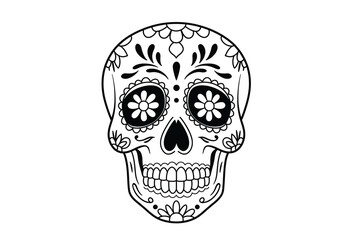 Fototapeta premium Mexican skull drawing. It is a black and white outline image of a sugar skull, adorned with ornate floral patterns and traditional designs for Day of the Dead. Vector sketch line art draw.