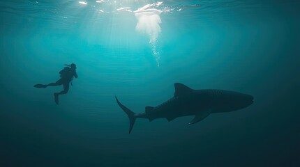 Naklejka premium A rich deep teal background features the silhouette of a diver swimming alongside a whale shark. Luxurious, vibrant, commercial-grade image with professional quality