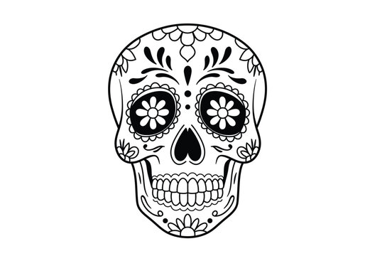 Mexican skull drawing. It is a black and white outline image of a sugar skull, adorned with ornate floral patterns and traditional designs for Day of the Dead. Vector sketch line art draw.