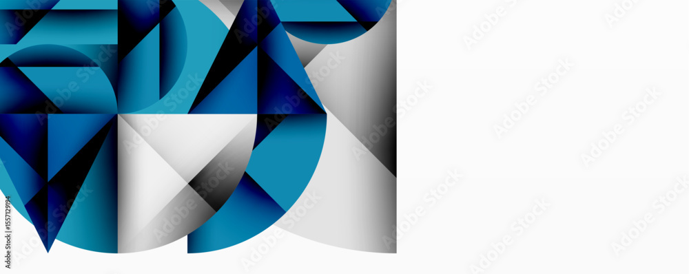 Poster abstract geometric shapes, blues, whites create dynamic composition. modern design, clean lines sugg