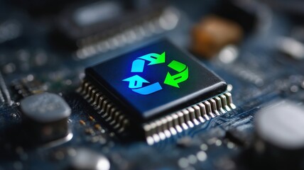 Close-up Image of an Integrated Circuit Featuring a Universal Symbol on a Circuit Board Background