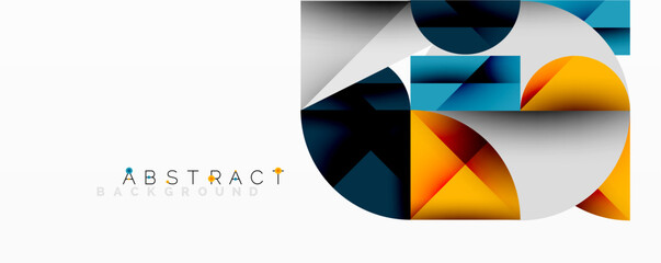 Modern abstract design features overlapping geometric shapes. Blue, orange, gray tones create dynamic composition. Clean, minimalist aesthetic.