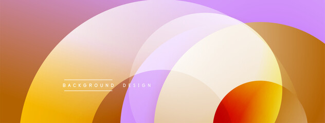 Abstract colorful circles overlap creating dynamic visual effect. Gradient shades blend smoothly, forming modern background design.