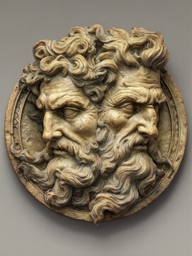 Hyper-detailed relief of Janus on ancient coin style artwork. AI-generated.