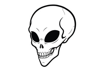 Fototapeta premium Alien skull drawing. A black and white outline image of an extraterrestrial cranium, a skeletal representation of an otherworldly being with large, dark eye sockets. Vector sketch line art draw.