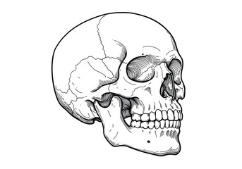 Anatomy skull drawing. It is a detailed black and white outline image of a human cranium, showcasing anatomical features and bone texture. Vector sketch line art draw.