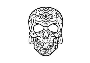 Fototapeta premium Aztec skull drawing. It is a black and white outline image of a stylized cranium, adorned with intricate traditional patterns and cultural motifs. Vector sketch line art draw.