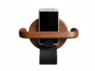 White smartphone displayed on a wooden holder against a black background