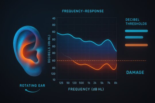 Ear frequency response graph showing decibel thresholds and damage level