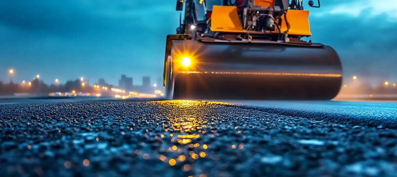 Powerful asphalt paver smoothing new city road with space for construction branding display