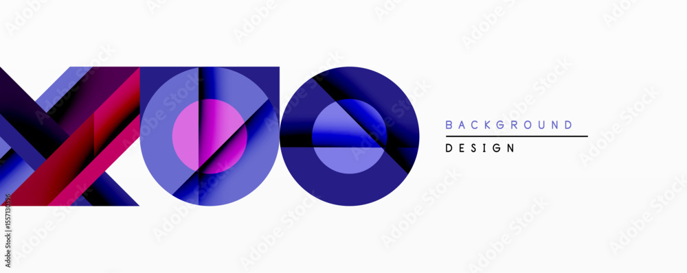 Poster abstract geometric composition featuring overlapping shapes. vivid blue, purple hues dominate design