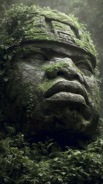 ancient stone sculpture overgrown jungle ruins moss vegetation archaeological discovery mexico olmec