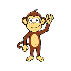 Obraz premium Cartoon Monkey Waving Hand with Smiling Face on White Background, Animal Illustration Character