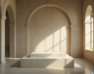 Minimal stone podium in sunlit arched classical room with natural light and soft shadow, elegant architectural scene for product presentation or branding display