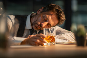 Drunk man holding a drink and sleeping on a table