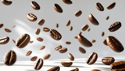 roasted coffee beans levitating on a clean white background.