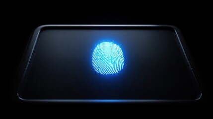 Close-up of glowing blue fingerprint scanner on black background symbolizing biometric authentication, digital identity and security ideal for tech interfaces, cybersecurity visuals and UI design