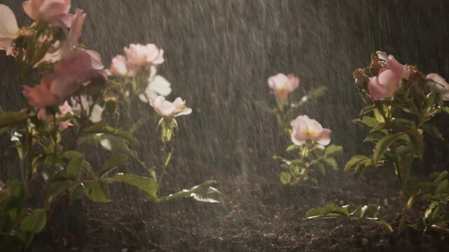 Great home garden. Watering Seedlings Bushes of blooming wild tea rose in rays of light. The camera moves along a row of plants