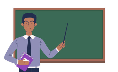 Young smiling black man teacher with a pointer in his hands stands at the blackboard.
