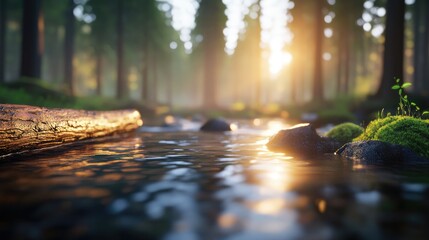 Forest stream sunrise landscape