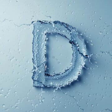 Flowing liquid water letter D formed with splashing transparent droplets on light blue background in slow motion elegance