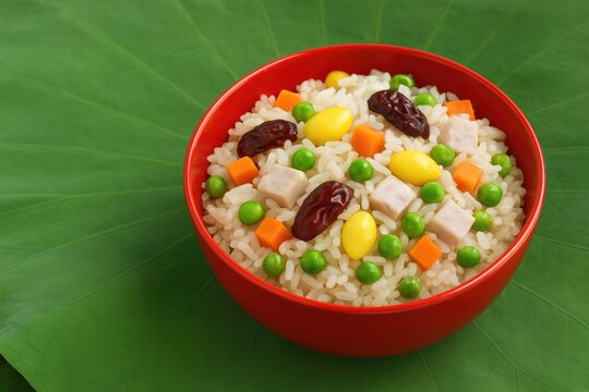 Colorful vegetarian fried rice featuring carrots, ginkgo, jujube, peas, and taro served in a vibrant red bowl atop a green lotus leaf