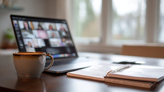 Laptop screen showing online video conference with notebook and coffee cup on home office desk in soft daylight ideal for remote work visuals, digital learning and virtual meeting promotions