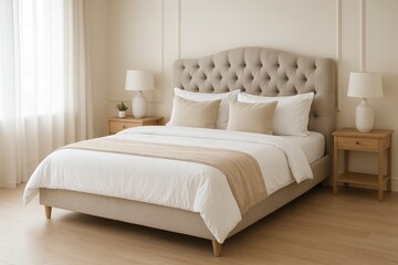 Comfortable plush bed positioned centrally in a warm and inviting bedroom setting