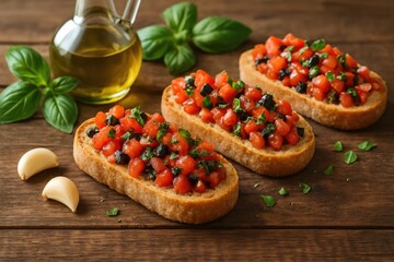 Delicious toasted bread topped with seasoned chopped olives, garlic, herbs, and olive oil served on a rustic wooden surface